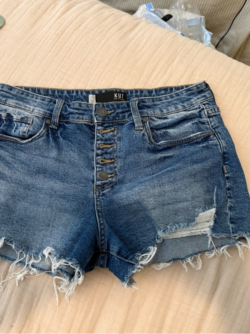 Kut from the Kloth Frayed Hem Button-Fly Blue Denim Shorts